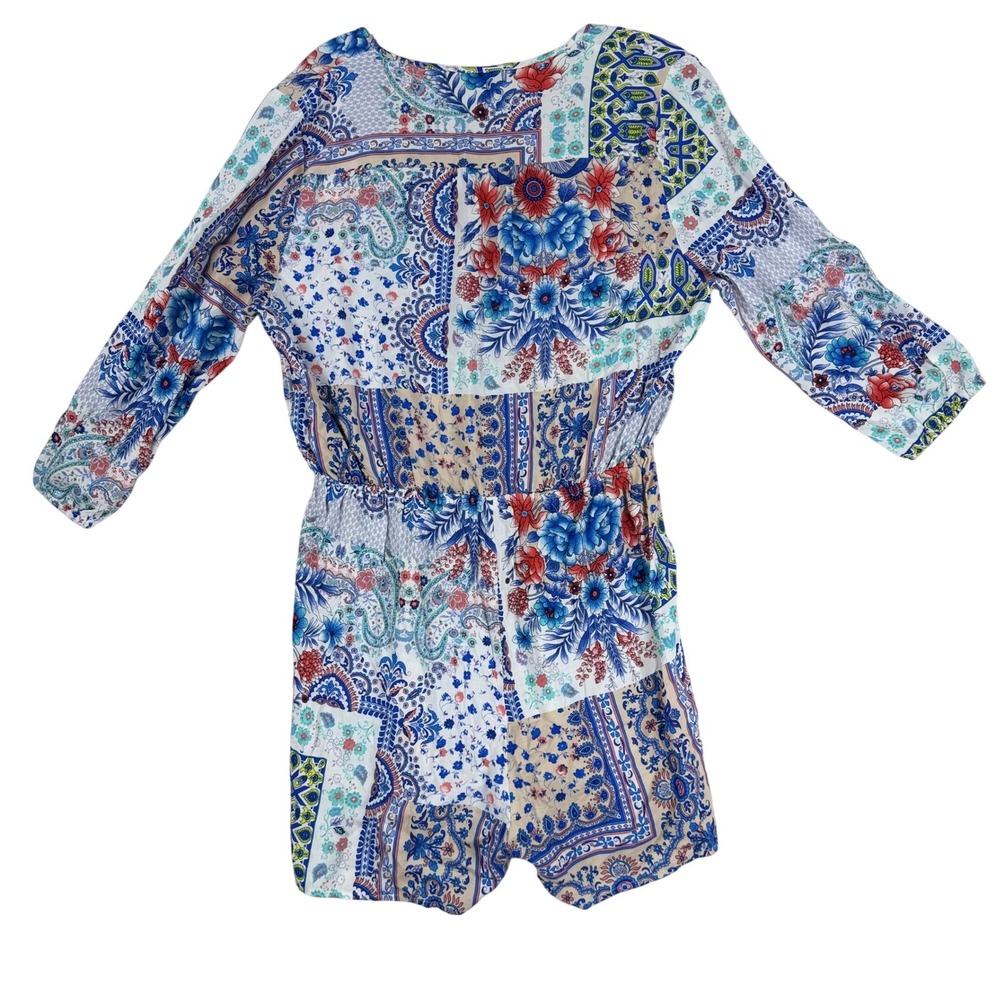 Love Tree Boho Patchwork Paisley Romper Blue Red V-Neck‎ Large - Picture 9 of 9